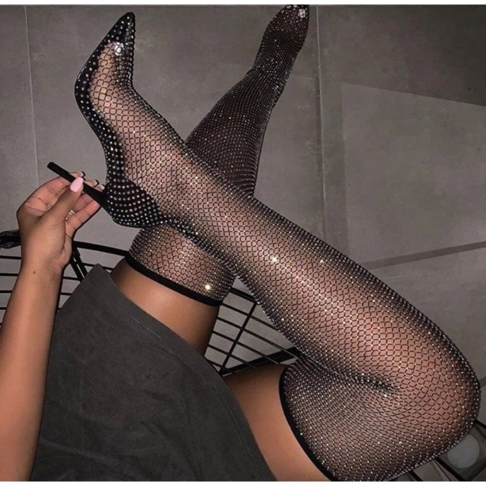 Shein Sparkle Rhinestone Fishnet Thigh High Boot Heel Sz 6.5